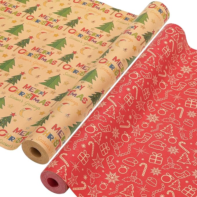 AhfuLife 2 Rolls Christmas Wrapping Paper - 17 Inch × 49.2 Ft Per Roll, Recyclable Red Kraft Xmas Wrapping Paper for Christmas Gift Box Decoration