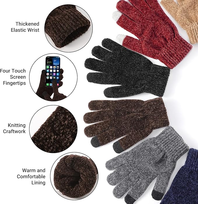 Winter Beanie Hat Circle Scarf Gloves Set for Men Women, Thick Warm Chenille Skull Cap Touchscreen Gloves Neck Warmer