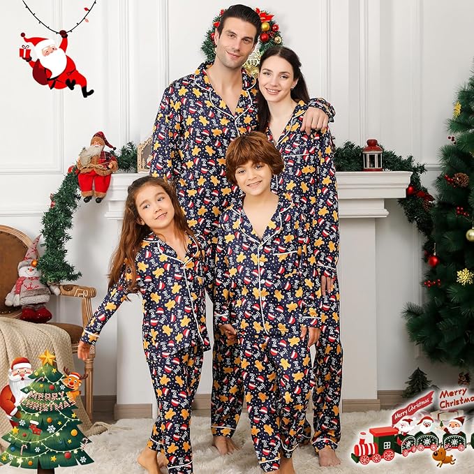 ANGELGGH Family Christmas PJs Matching Sets 2 Pcs Festival Party Pajamas Holiday Warm Sleepwear Couples Button Loungewear