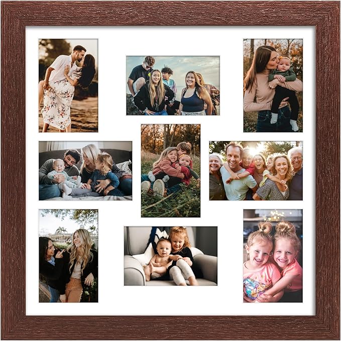 17x17 Picture Frame Display 9 opening 4X6 Picture Frame Collage,Multi Photo Frame with Mat,Plexiglass,Wall Mount Decor,Walnut Wood Grain