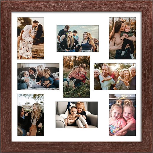 17x17 Picture Frame Display 9 opening 4X6 Picture Frame Collage,Multi Photo Frame with Mat,Plexiglass,Wall Mount Decor,Walnut Wood Grain