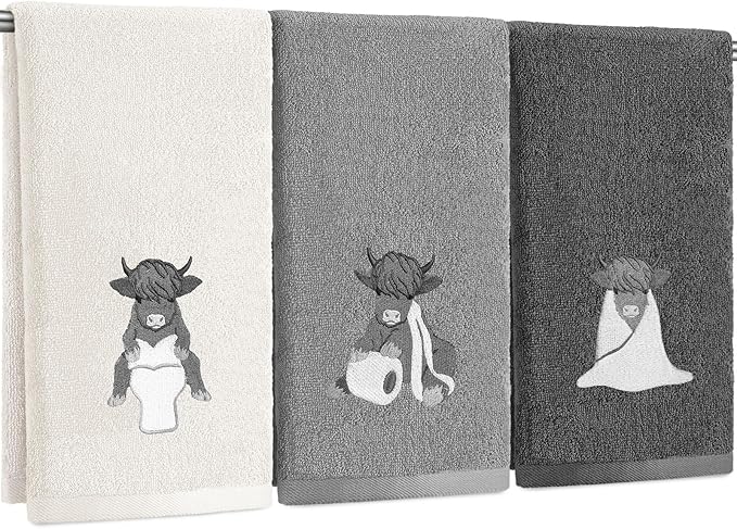 3 Pcs Highland Cow Hand Towels Bathroom Decor Highland Cow | White and Gray Decorative Embroidered 100% Cotton Farmhouse Towels for Bathroom Kitchen Decor, 13. 3 x 29. 5''
