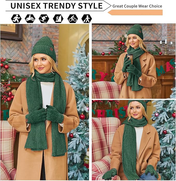 Womens Winter Knit Warm Hat Beanie Long Scarf Touch Screen Gloves Set Skull Caps Neck Scarves for Women