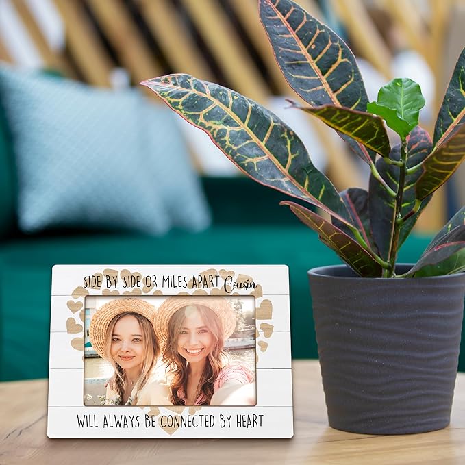 Cousins Gifts Picture Frames, Cousin Gifts for Women, Long Distance Birthday Wedding Wooden Photo Frames, Cousin Will Always Be Connected By Heart Picture Photo Frame for Desk Table 4X6 Photos