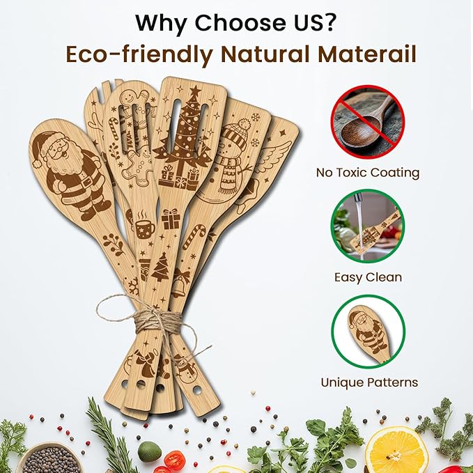 CUTHOLLOW 6PCS Christmas Wooden Kitchen Cooking Utensil Set, 11.9in Non Toxic Bamboo Wood Spoon Set for Cooking, Best Housewarming Birthday Thanksgiving Christmas Gift for Women Mother