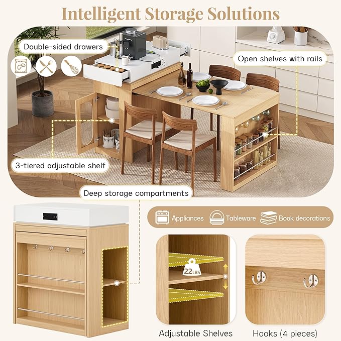 Amposei Kitchen Island with Extendable Dining Table & Power Outlet, 58’’ Breakfast Bar Coffee Station Sideboard Glass Door Storage Cabinet with Drawers, Natural & Creamy White