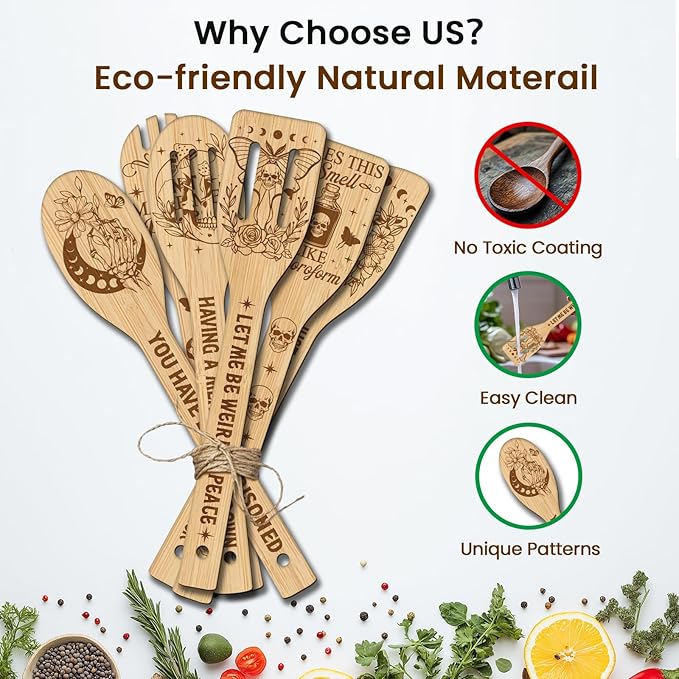 CUTHOLLOW 6PCS Skeleton and Moon Wooden Kitchen Cooking Utensil Set, 11.9in Non Toxic Bamboo Wood Spoon Set for Cooking, Best Housewarming Halloween Decor Gift for Women Mother