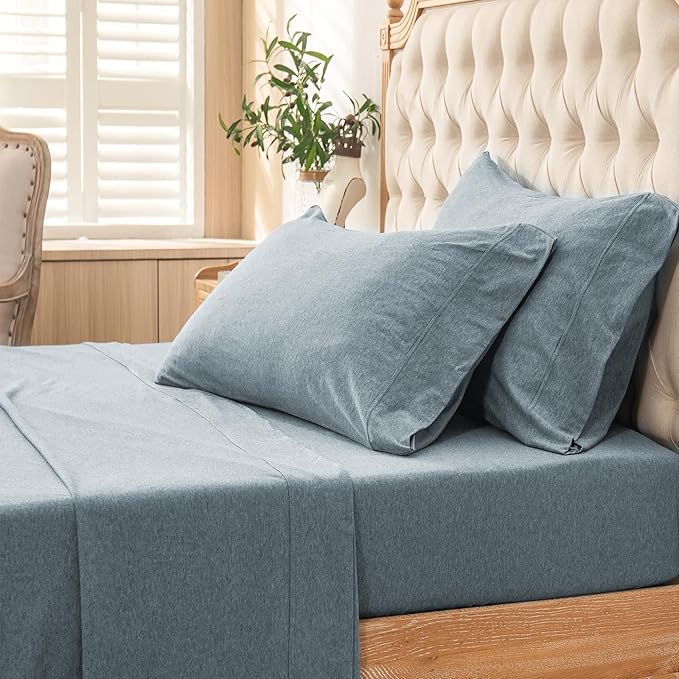 PURE ERA Jersey Knit 4pc Bed Sheet Set 100% T-Shirt Cotton Super Soft Comfy Breathable Fits Mattress Up to 20" Extra Deep Pocket (Heather Blueish Grey, King)