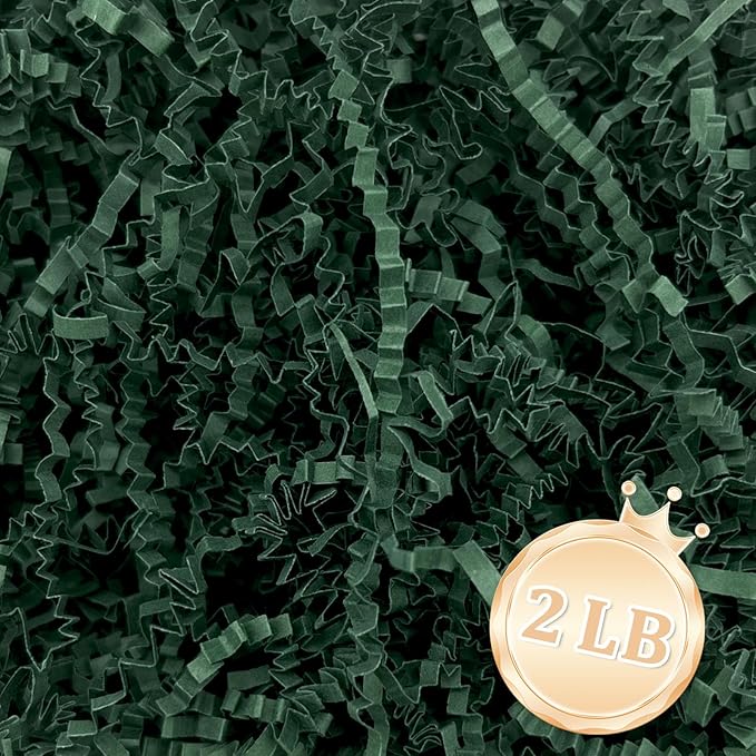 2 LB Dark Green Crinkle Cut Paper Shred Filler Great for Gift Wrapping, Basket Fillers, Birthday, Gift Wrapping, Anniversary, Halloween Thanksgiving Christmas Party Decor Filling Supplies