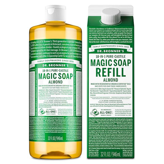 Dr. Bronner's Pure-Castile Magic Soap Liquid- Made with Regenerative Organic Certified Oils- For Body, Face, Hair, Dishes, Laundry, Vegan Bath Soaps for Men & Women, Non-GMO- Almond, 32oz + Refill