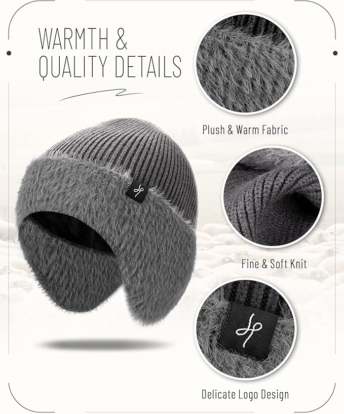 Winter Fleece-Lined Beanie with Earflaps, Warm Windproof Unisex Beanie Hat for Skiing, Hiking & Outdoor Winter Sports