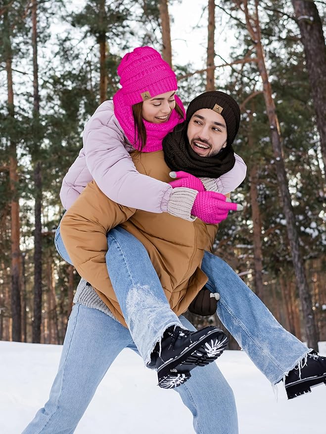 Winter Beanie Hat Scarf Gloves, Warm Fleece Knit Hats Touch Screen Gloves Neck Scarf Set Winter Gifts for Unisex Adult
