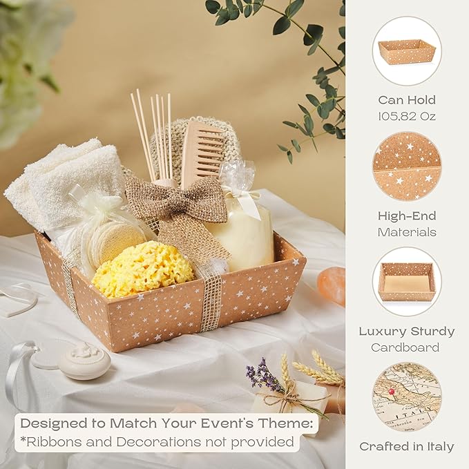 Pack of 5 Empty Sturdy Gift Basket Made in Italy - Ideal for Party, Wedding and Any Occasion - 9" x 6.69" x 3.14" Havana - Stars