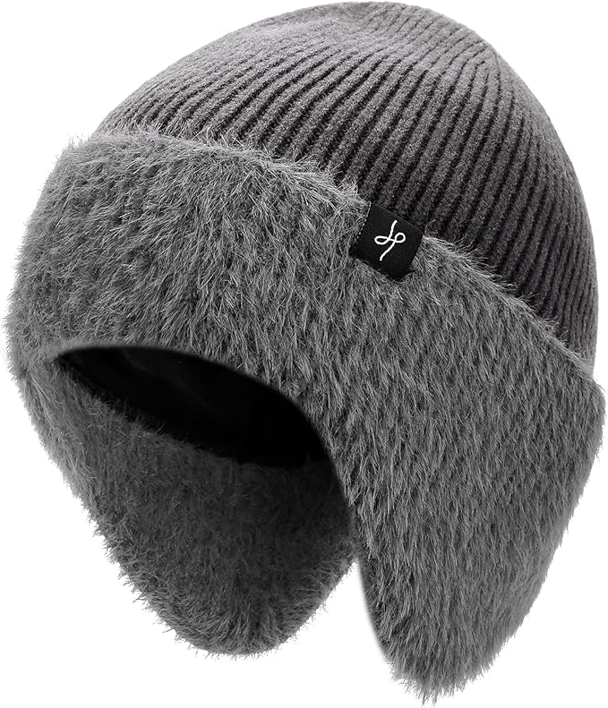 Winter Fleece-Lined Beanie with Earflaps, Warm Windproof Unisex Beanie Hat for Skiing, Hiking & Outdoor Winter Sports