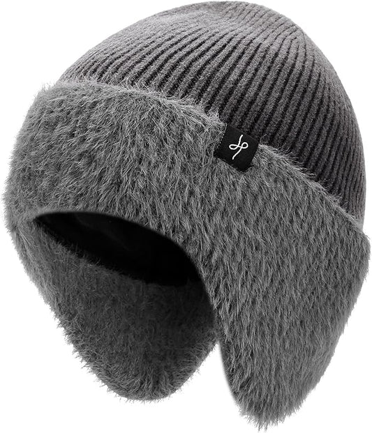 Winter Fleece-Lined Beanie with Earflaps, Warm Windproof Unisex Beanie Hat for Skiing, Hiking & Outdoor Winter Sports