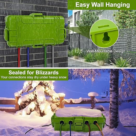 [2 Pack] Outdoor Electrical Box Waterproof, OUTDSPLY Medium Outdoor Electrical Box (11.6x5.2x4.1 inch)w/ 6 Cable Entry, Weatherproof Connection Box for Power Strip, Plug, Timer, Holiday Lights, Green