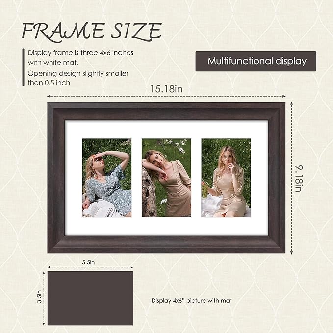 8x14 Picture Frame 4x6 Collage Picture Frame Displays Three 4x6 inch Photos or 8x14 (Without Mat) Wall Decor or Tabletop Walnut