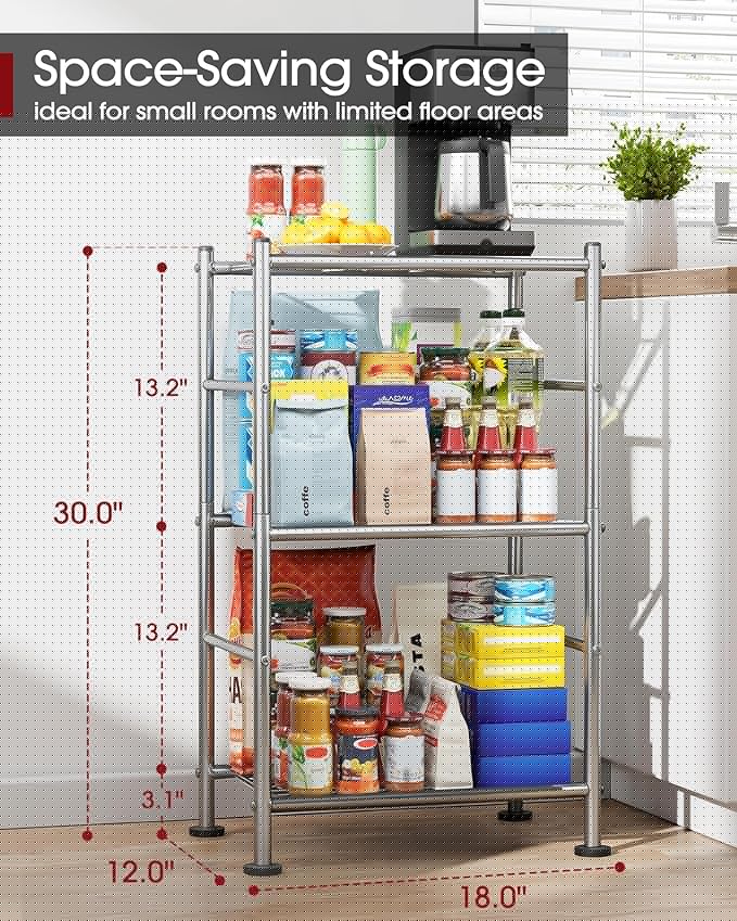 Storage Shelves - 3 Tier Shelf Organizer, Sturdy Metal Shelving with Adjustable Leveling Feet, Space-Saving Shelves Organizer for Pantry, Laundry, Kitchen (18" x 12" x 30", Silver)