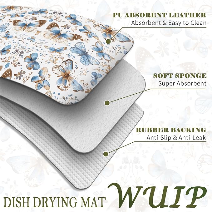 Blue Butterfly Dish Drying Mats for Kitchen Counter, Butterfly Gifts for Women, Blue and Brown Absorbent Reversible Coffee Bar Mat Drying Pad for Kitchen Decor, 12x15 Inch