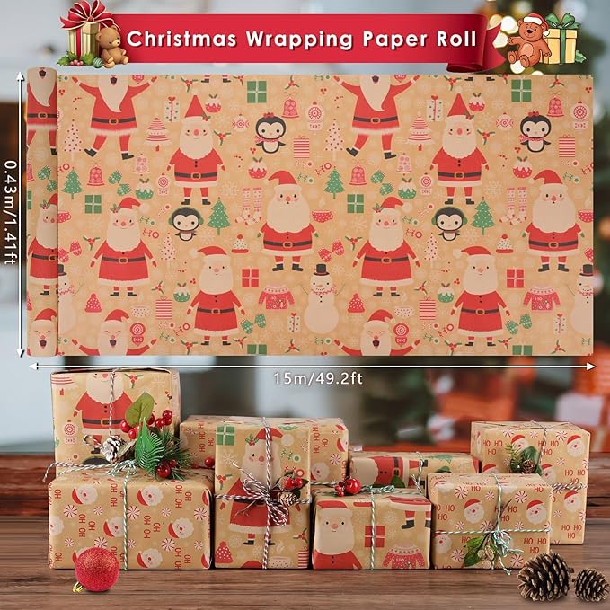 AhfuLife 2 Rolls Christmas Wrapping Paper - 17 Inch × 49.2 Feet Per Roll, Recyclable Santa Claus Kraft Xmas Wrapping Paper Roll for Christmas Gift Box Birthday Party Decoration -138 sq. ft. ttl