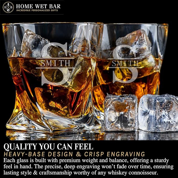 Personalized Whiskey Glasses – Custom Engraved Twist Whiskey Glass Set & Display Case with Whisky Stones by Home Wet Bar