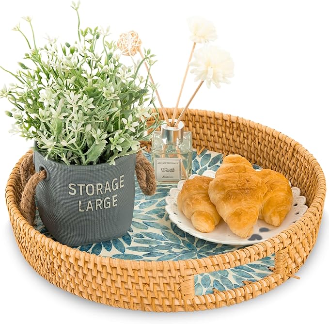 KOLWOVEN Round Rattan Tray with Handle, Rattan Serving Tray with Mother of Pearl Inlay Wooden Base, Decorative Wicker Basket for Table Decor (Blue Flower)