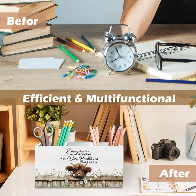 DILSJ Inspirational Highland Cow Pen Pencil Holder Organizer for Desk, Highland Cow Gifts for Women, Every Day Is a New Beginning Wooden Box Signs for Home Office Decoration Office & School Supplies