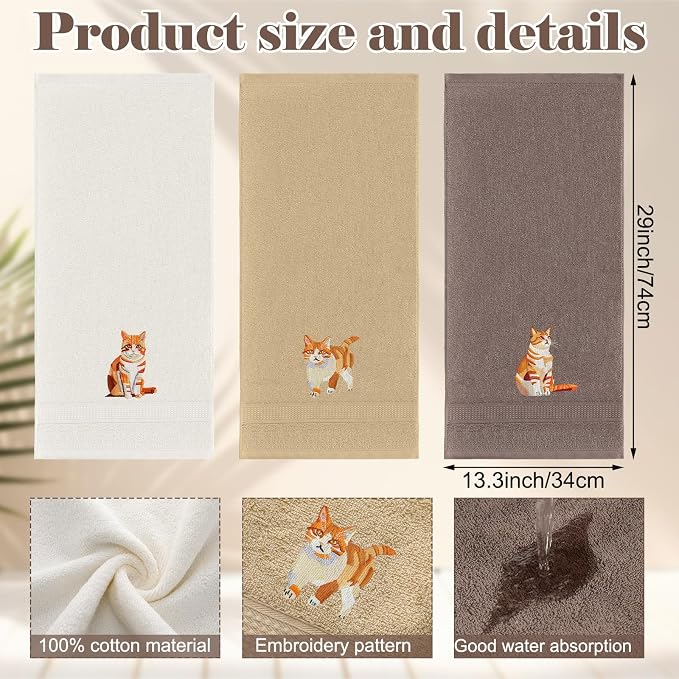 3 Pcs Orange Cat Hand Towels Bathroom Sets Decor | Cute Orange Cat Lover Gifts, Funny Decorative Farmhouse, 100% Cotton, Embroidered Towels for Bathroom Kitchen 13.3 x 29.5''