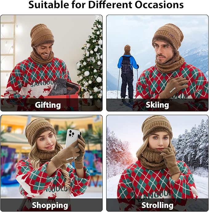 MAYLISACC Winter Knit Beanie Hat Neck Warmer Scarf and Touch Screen Gloves Set 3 Pcs Fleece Lined Skull Cap for Men Women