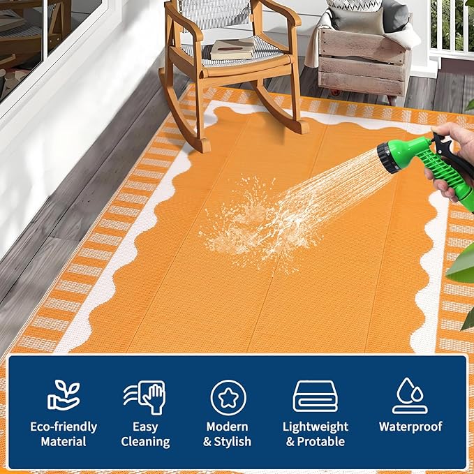 Outdoor Rug 8x10 Waterproof Patio Rugs Scalloped Border Reversible Mat for Front Door Rv Foldable Plastic Straw Carpet for Travel Trailers, Deck, Picnic, Porch, Camper, Balcony, Beach，Orange