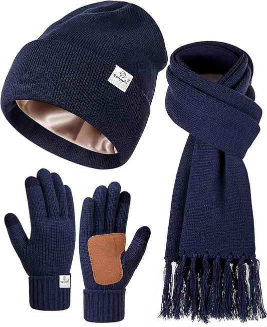 Womens Satin Lined Beanie Scarf Gloves Set, Silk Lined Winter Hats Knit Scarf Gloves, Gift Set Stocking Stuffers For Women