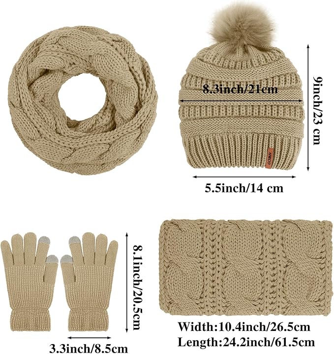 Aneco Womens Winter Warm Sets Knitted Fur Pompoms Beanie Hat Circle Loop Scarf Touch Screen Gloves Winter Favor Accessories