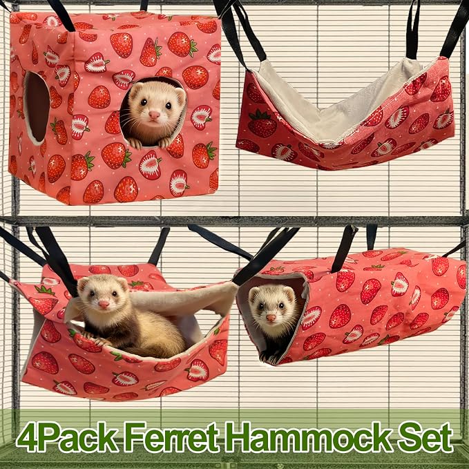 kathson 4 PCS Ferret Hammock Set,Washable Guinea Pig Hideout Bed,Soft Hamster Toys Hanging Tunnel Mats, Small Pets Cage Accessories for Rat, Sugar Glider, Squirrel(Pink)