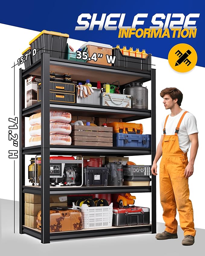 Set of 2 Garage Shelving Heavy Duty Storage Shelves, Adjustable Metal Shelving Unit, Utility Garage Organizer Shelf for Basement, Pantry, Kitchen, Warehouse,15.7" D x 35.4" W x 71.2" H, Black