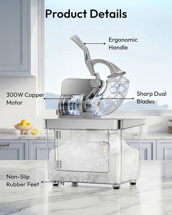 EUHOMY Snow Cone Machine, 661 Lbs/H Commercial Shaved Ice Machine with 34L Large Capacity, 300W Electric Ice Shaver with Dual Blades, ETL Certified Snow Cone Maker for Home & Commercial Use (Silver)