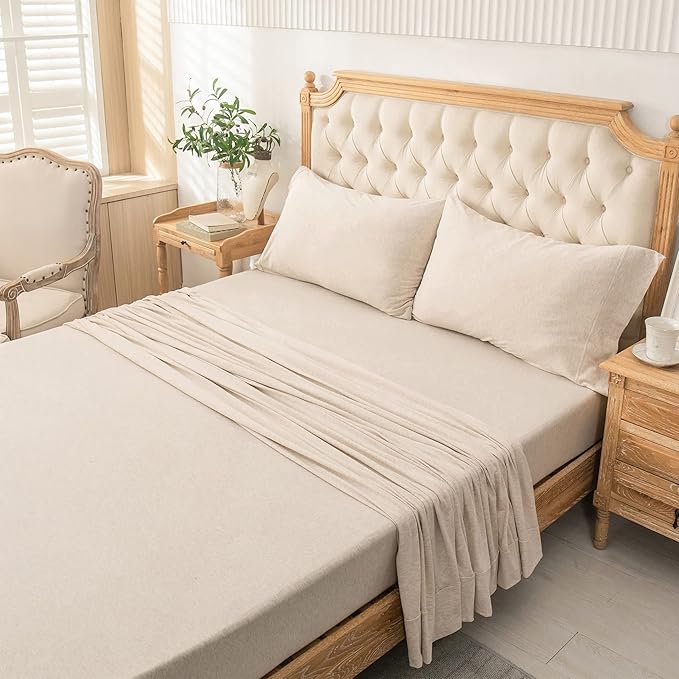 PURE ERA Jersey Knit 4pc Bed Sheet Set 100% T-Shirt Cotton Super Soft Comfy Breathable Fits Mattress Up to 20" Extra Deep Pocket (Heather Beige, Full)