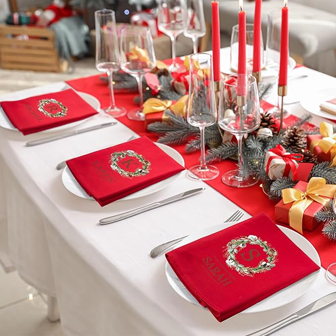 Custom Christmas Kitchen Towels Square Personalized Initial Name Wreath Hand Towels Christmas Tea Dish Towel Kitchen Decor Gifts for Family Red 17.7×17.7INCH