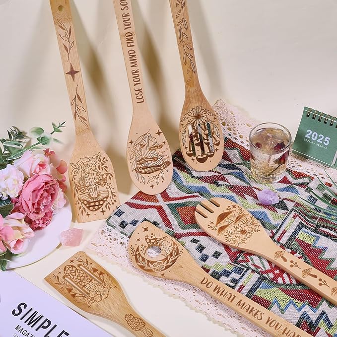 GLOBLELAND 6Pcs Mushroom Bamboo Cooking Utensils Wooden Engraved Cooking Spoons Set Carving Kitchen Bamboo Spatula Set for Women and Men Wood Cooking Spoon for Kitchen House Warming Gift