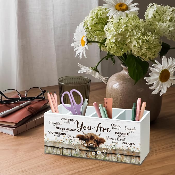 DILSJ Christian Highland Cow 4 Compartment Pen Pencil Holder for Desk | Inspirational Christian Gifts, Rustic Cow Motivational Wooden Box Signs Organizer for Home Office Desk Tabletop Decoration