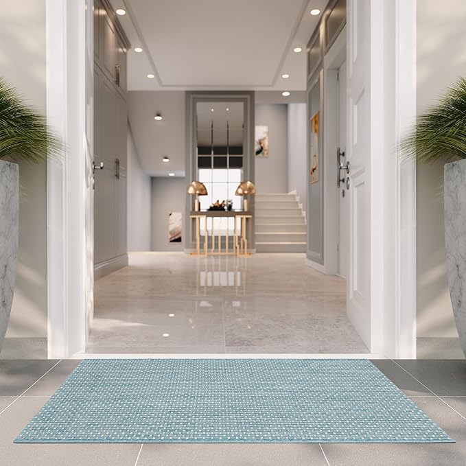 SAFAVIEH Washable Rug Outdoor Courtyard Collection - 2'3" x 5', Aqua Blue & Grey, Non-Shedding & Easy Cleaning, Ideal for Patio, Front Door, Entryway, Mudroom, Doormat (CY8521-37121)