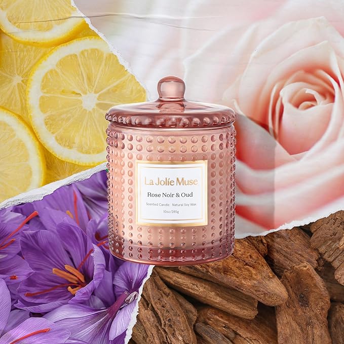 LA JOLIE MUSE Rose Noir & Oud Scented Candle – Lemon, Rose & Oud | 10 oz Natural Soy Wax | 55 Hours Clean Burn | Gift-Ready for Hosts & Gatherings | Elegant Home Décor
