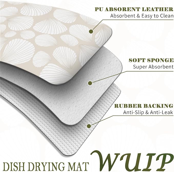Seashell Dish Drying Mats for Kitchen Counter, Beach Lover Gifts, Neutral Coastal Beach Absorbent Reversible Coffee Bar Mat Drying Pad for Kitchen Decor, 12x15 Inch