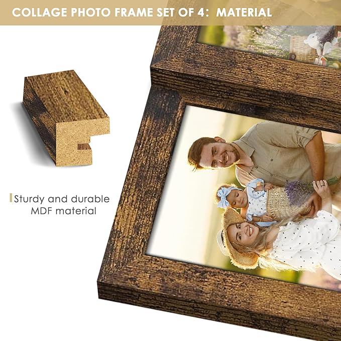 4x6 Collage Picture Frame Tempered Glass Front, Displays Four 4x6 Photo, Family Photo Collage Frame, Wall Decor Wall Hanging or Tabletop, Brown