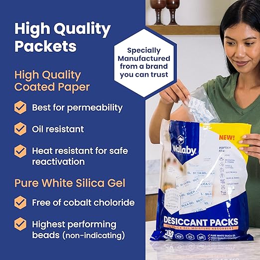 Wallaby 2 gram (250 Packets) Food Safe Pure White Silica Gel Desiccant Dehumidifier Packs - Rechargeable & Coated Moisture Absorbers - Protects Against Moisture Damage - (Packed in 50x Sets of 5)