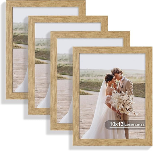 10x13 Picture Frame Set of 4, Made of Real Glass and Natural Oak Frame, 10 by 13 Photo for Wall or Tabletop - Display Picture 8.5x10 with Mat or 10x13 Without Mat