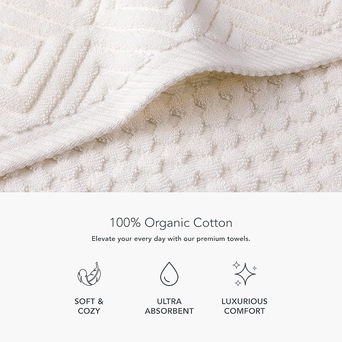 Texere 100% Organic Cotton Diamond Jacquard Luxury Bath Towel Sets - Soft and Absorbent Hotel and Spa Quality - 2 Large Bath Towels, 2 Hand Towels, 2 Washcloths (Diamond, Cream, 6 Piece)
