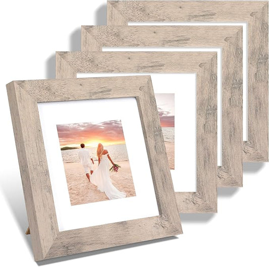 iRahmen 6x6 Picture Frame Set of 4 with High Definition Glass, Smoke Gray Frame Display 4x4 Pictures with Mat or 6 x 6 Without Mat, Wood Square Photo Frame for Wall Mount and Tabletop Display