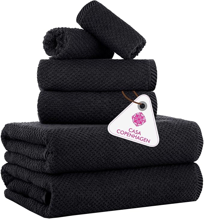 CASA COPENHAGEN Popcorn 6 Pieces Towel Set- Black, 600 GSM 2 Bath Towel 2 Hand Towel 2 Washcloth, Designed in Denmark Made of Soft Egyptian Cotton for Bathroom, Kitchen & Shower