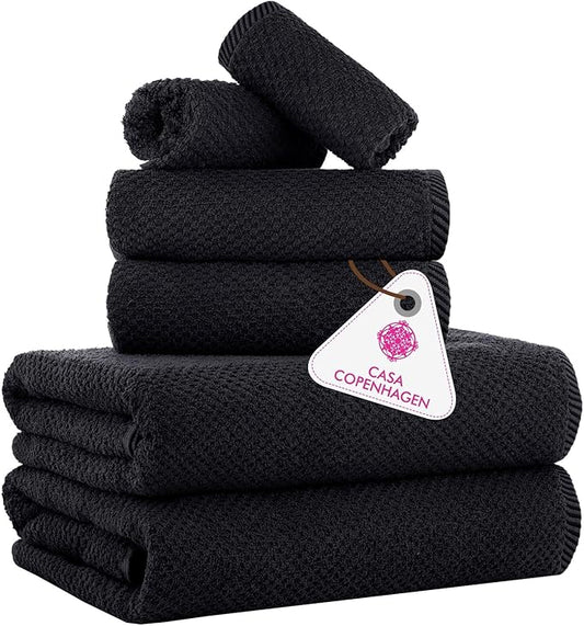 CASA COPENHAGEN Popcorn 6 Pieces Towel Set- Black, 600 GSM 2 Bath Towel 2 Hand Towel 2 Washcloth, Designed in Denmark Made of Soft Egyptian Cotton for Bathroom, Kitchen & Shower