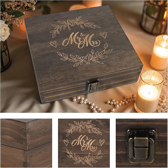 Mr and Mrs Wedding Memory Box -Wooden Keepsake Box with Lid for Couples - Rustic Storage Box for Cards, Photos, Vows, and Mementos – Ideal for Wedding, Engagement, or Anniversary